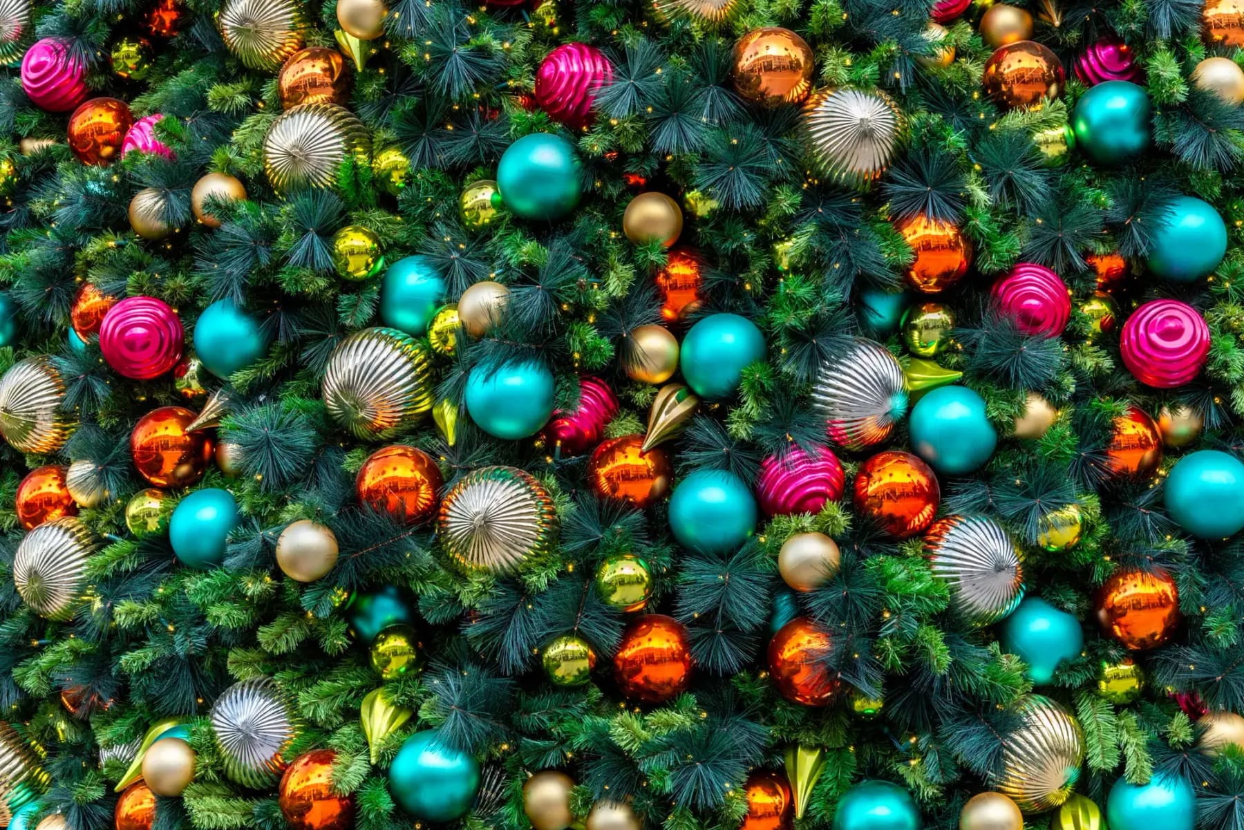 Commercial Christmas tree installed and lit on a retail plaza at night