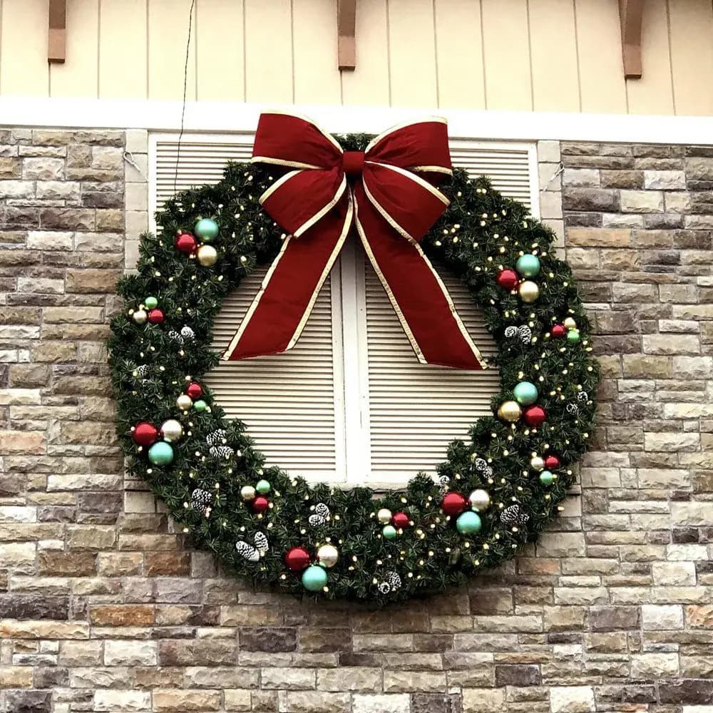 Decorated commercial wreath with ornaments and a red bow mounted on a stone building facade
